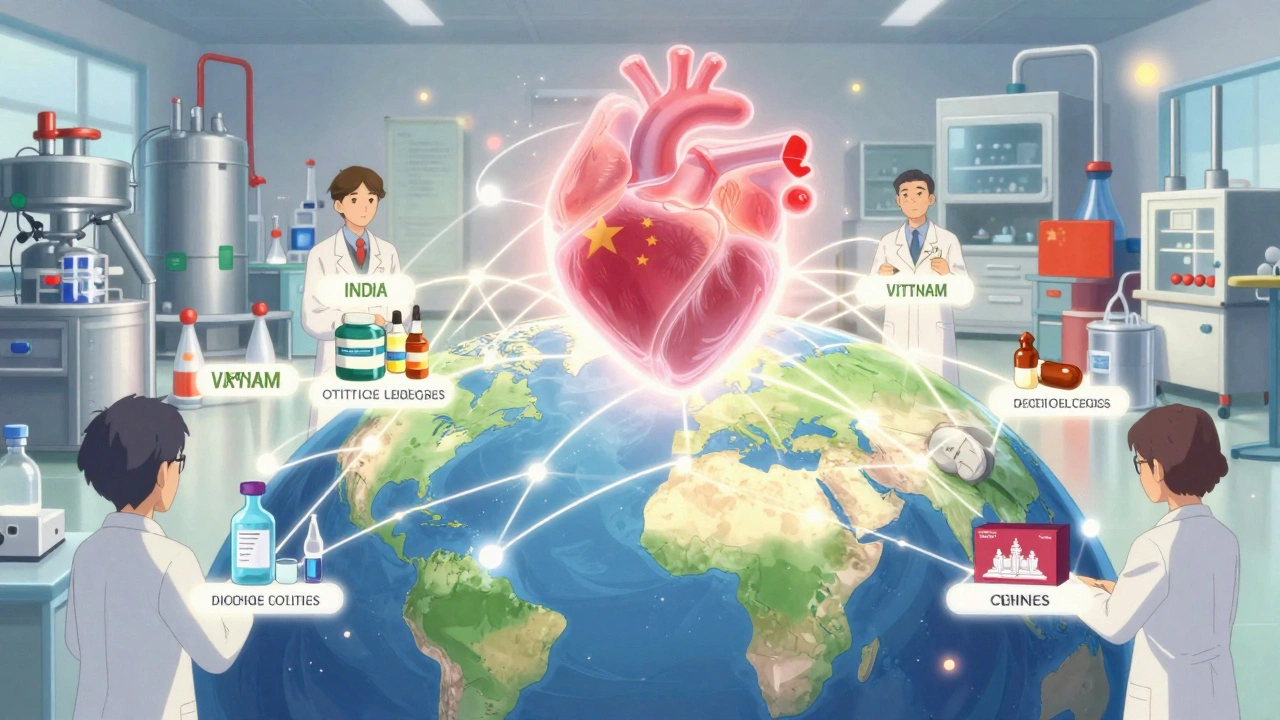 Global pharma network connected by light pathways forming a heart over Earth