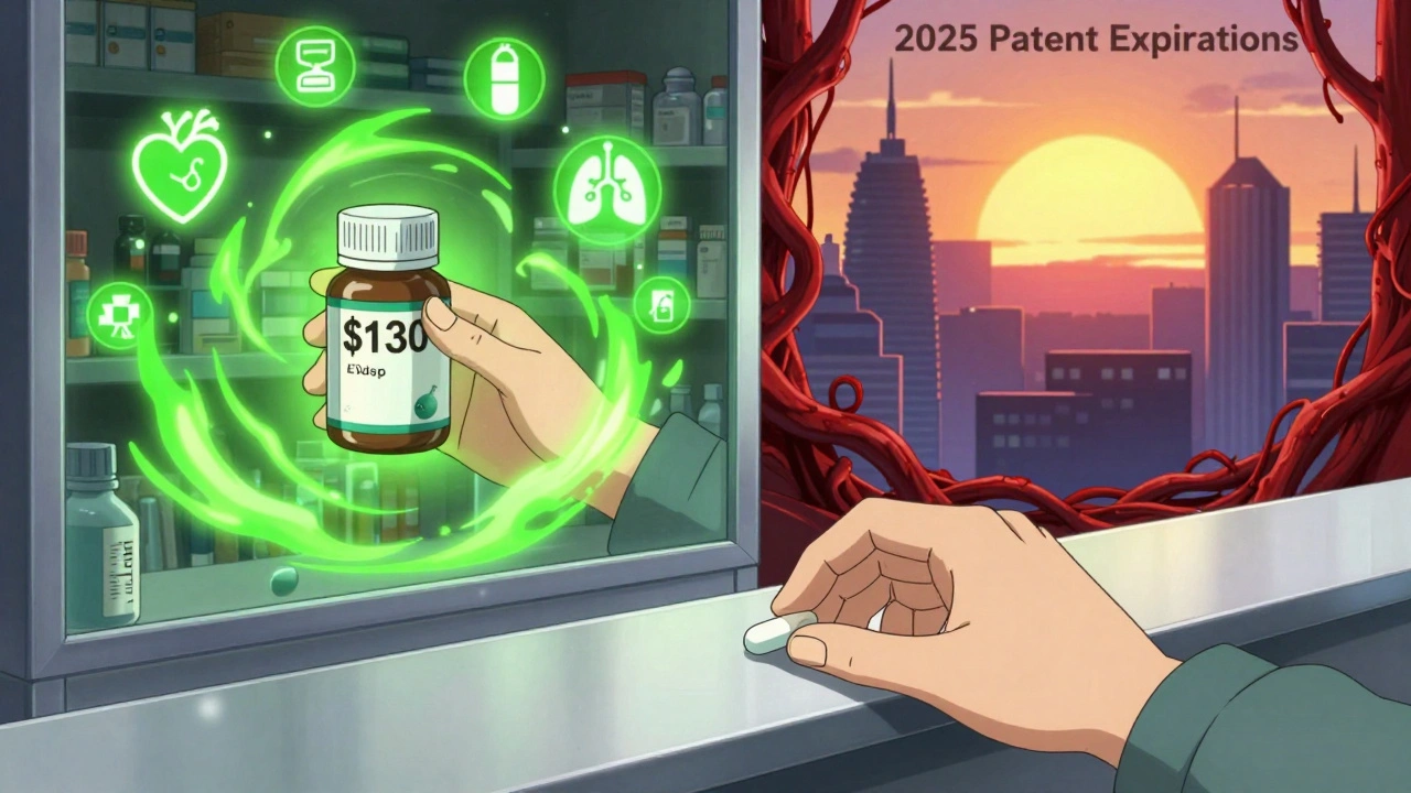 Hand choosing a  generic pill as a 0 brand bottle fades behind with red patent vines.