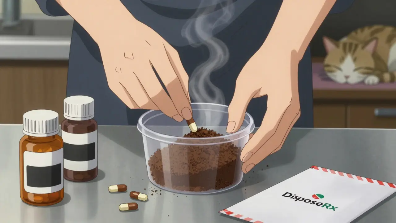 Hands mixing pills with coffee grounds in a sealed container at home.