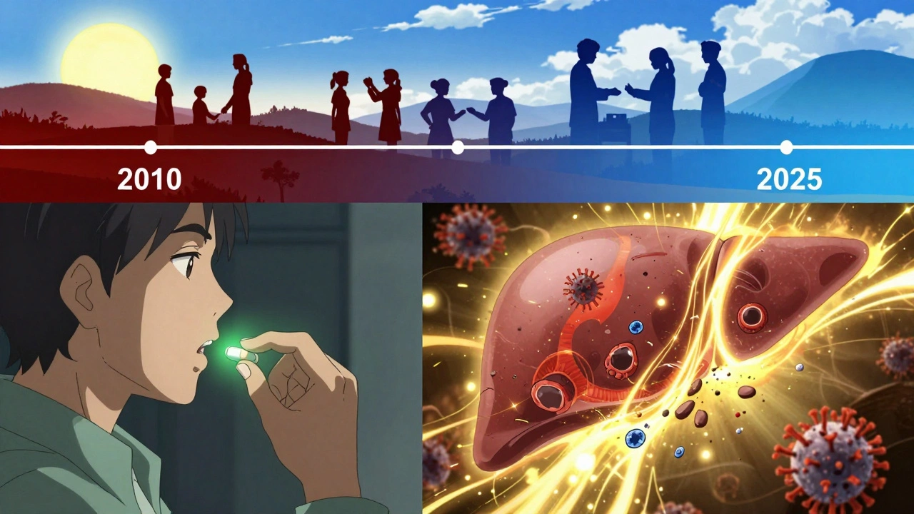 Hepatitis C virus breaking down into ash while healing energy flows through liver cells, symbolizing cure.