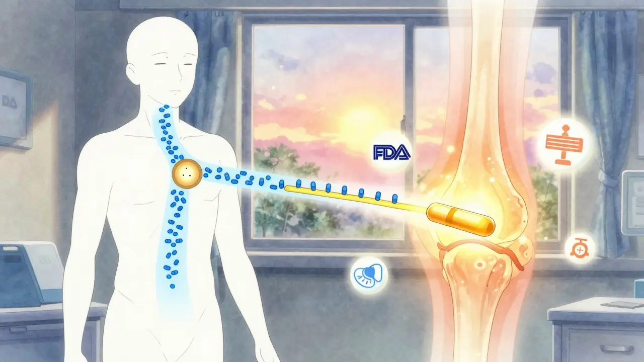 Human body with two treatment paths—generic pills and biosimilar antibodies—restoring healthy joints under sunrise light.