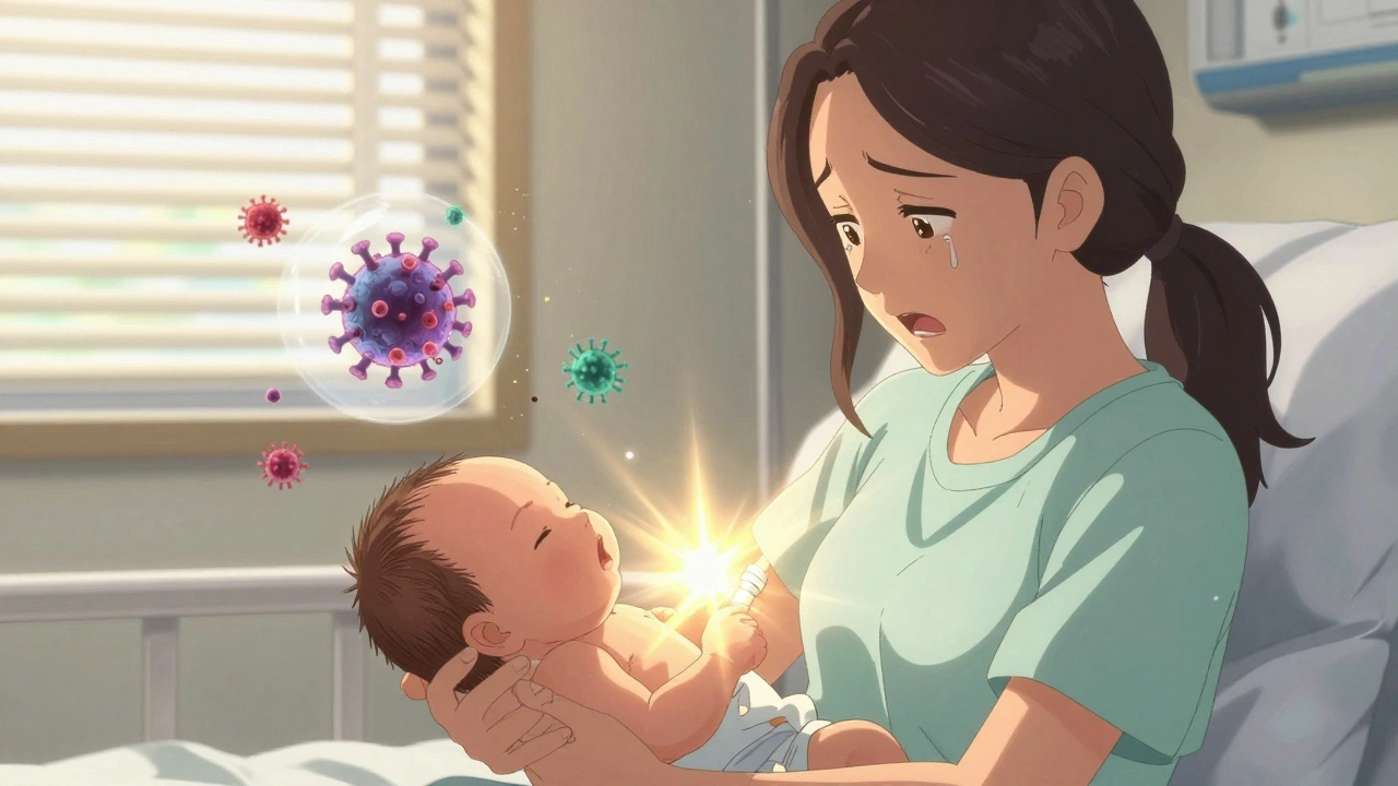 Mother holding newborn as baby receives hepatitis B vaccine at birth, soft dawn light in the room.