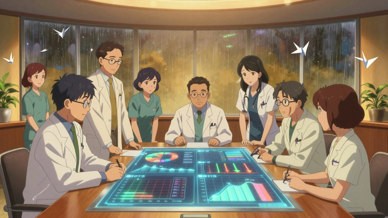 Multidisciplinary team reviewing drug formulary data on a holographic table in a conference room.