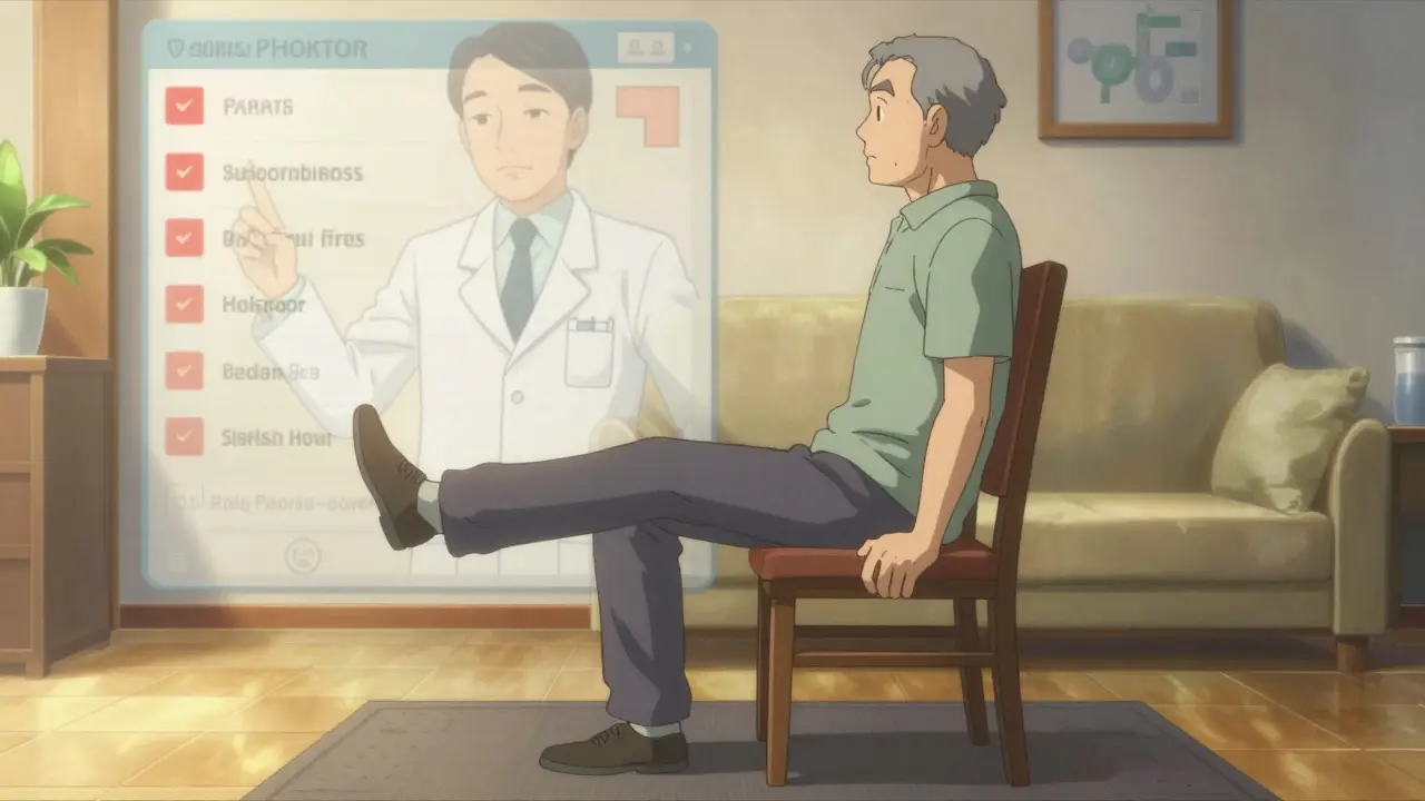Older man doing seated balance exercise while pharmacist's review appears as a translucent overlay.