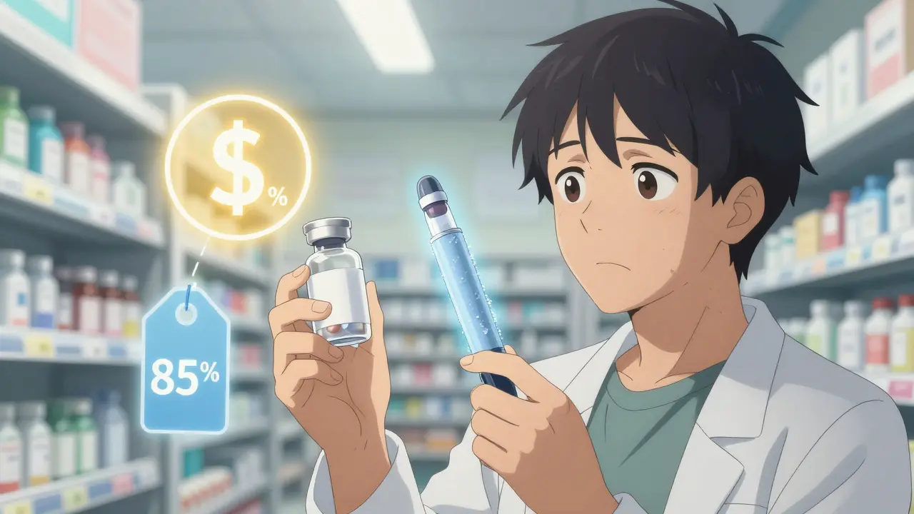 Patient in a pharmacy holding generic pill bottle and refrigerated biosimilar pen with price comparison icons.