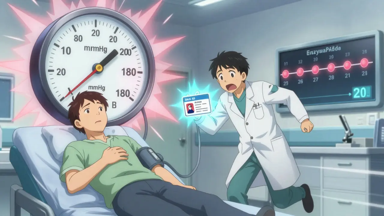 Patient in ER with spiked blood pressure gauge, doctor holding glowing MAOI ID card, 21-day timeline visible.