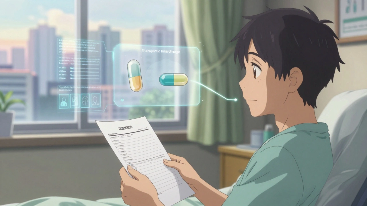 Patient viewing substituted medications as transparent floating pills connected by a glowing thread in a nursing home room.