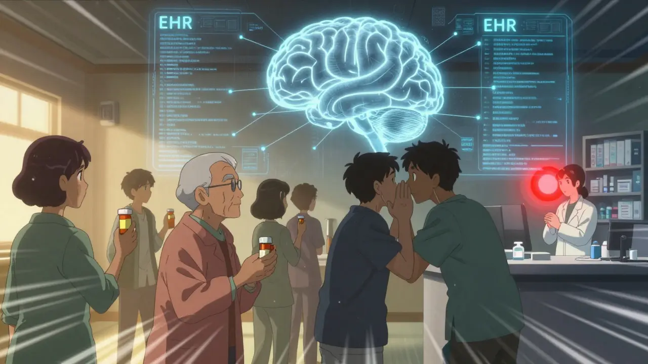 Patients connected by glowing threads to an AI brain analyzing health data in a rotoscope anime scene.