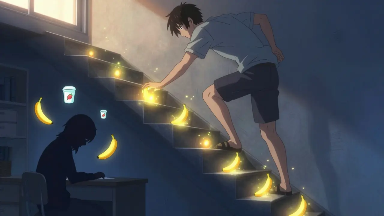 Person climbing stairs one step at a time with firefly-like energy bursts, contrasted with a sedentary figure surrounded by snack icons.