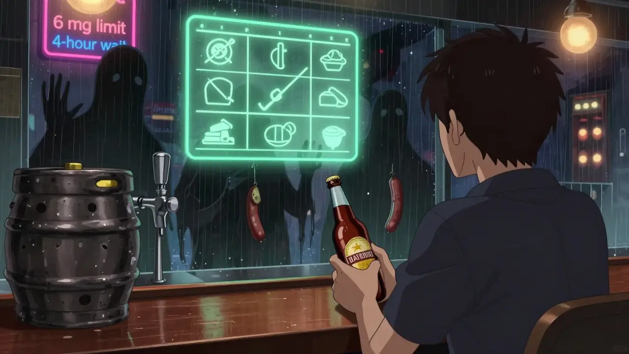 Person holding safe beer while shadowy risky foods loom behind, glowing safety chart floating in air.