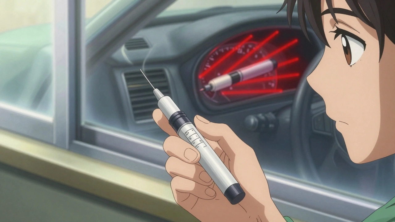 Person marking date on insulin pen while a hot car in background shows heat distortion.
