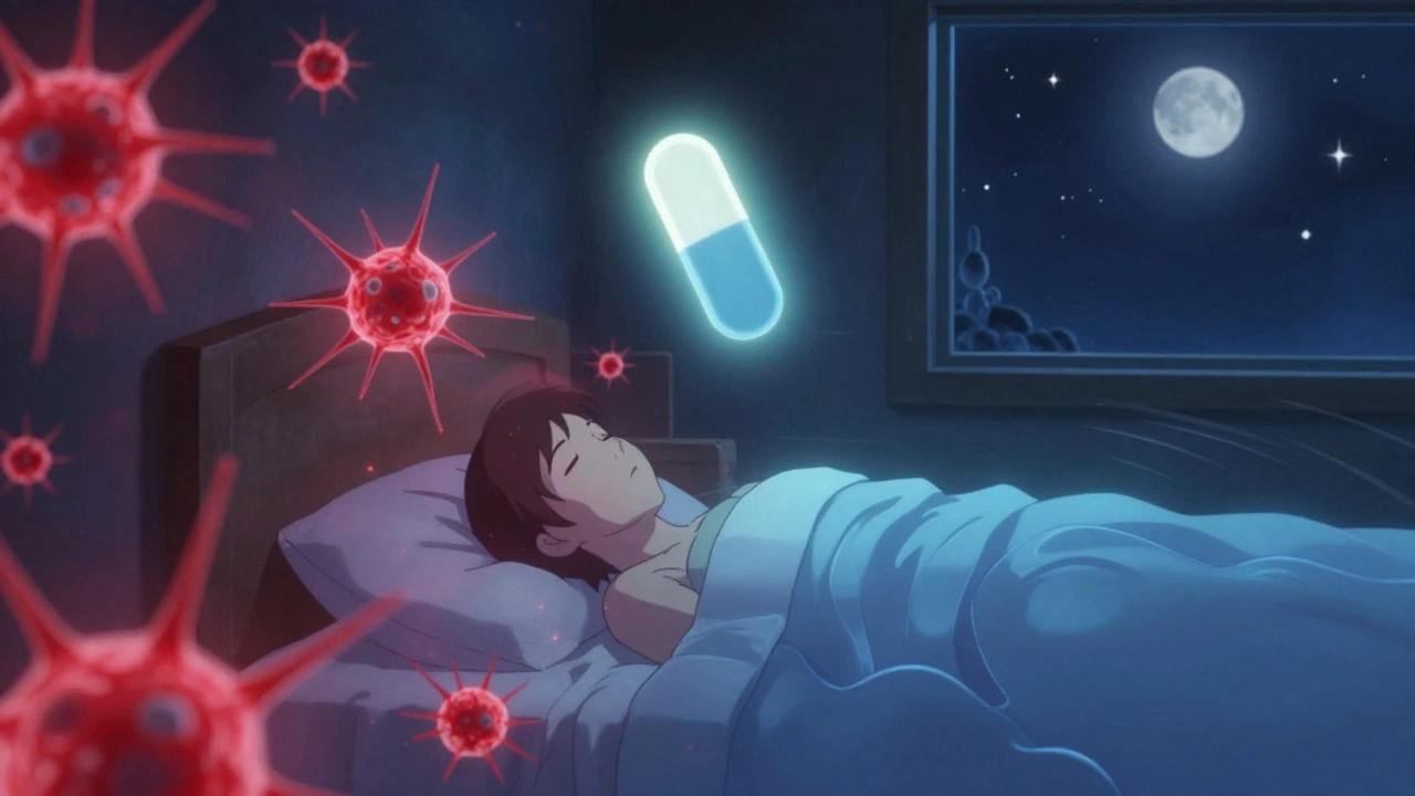 Person sleeping peacefully as calm blue nerve waves replace chaotic red pain pulses in the room.