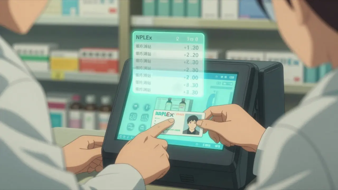 Pharmacist's hands scanning an ID with digital purchase data floating in the air beside them.
