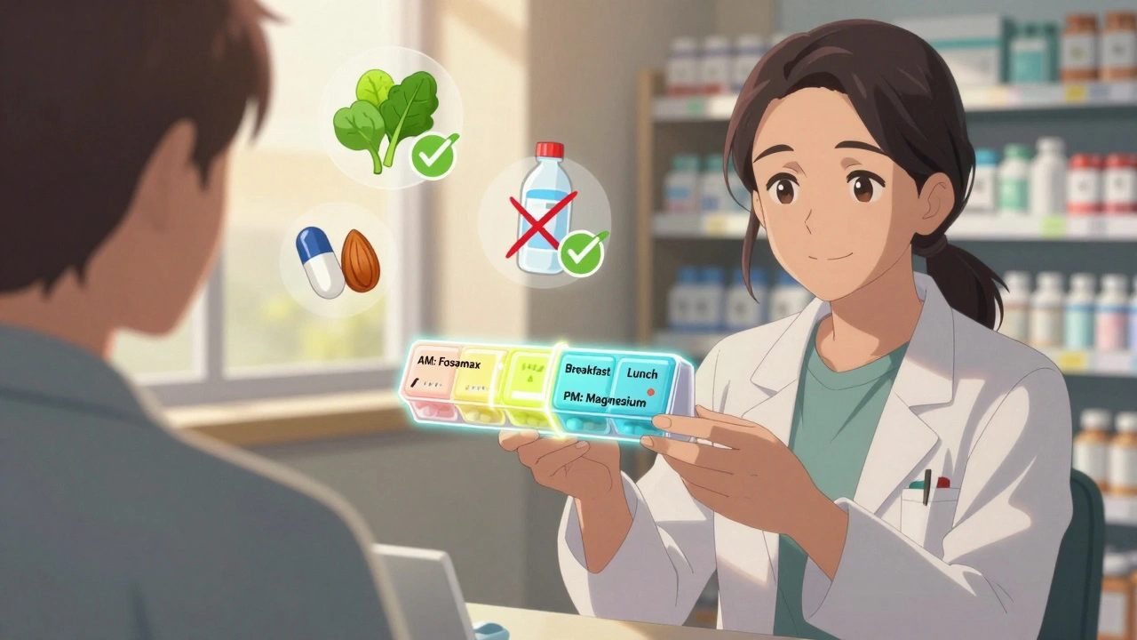 Pharmacist handing a patient a labeled pill organizer to separate osteoporosis and magnesium doses.