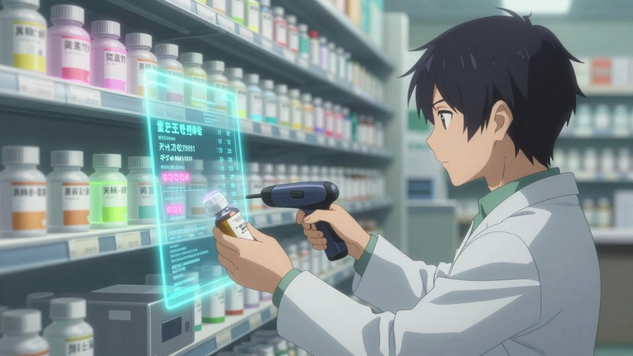 Pharmacist scanning generic medication with holographic manufacturer data overlay.
