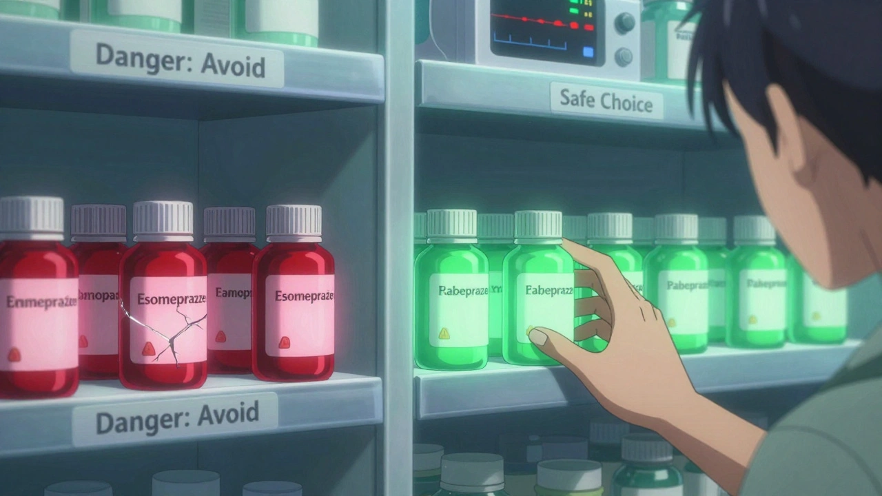 Pharmacy shelves showing red-danger and green-safe PPIs beside a faint heart monitor.