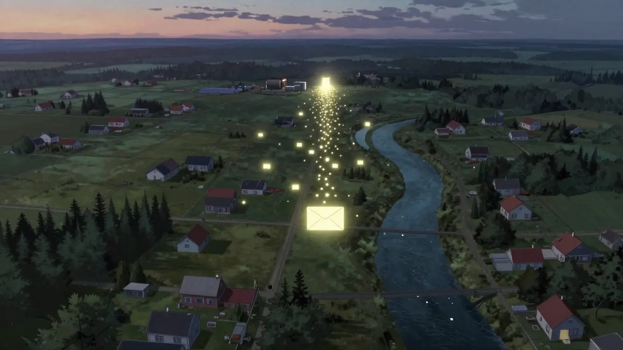 Rural homes sending mail-back envelopes to a central disposal facility.