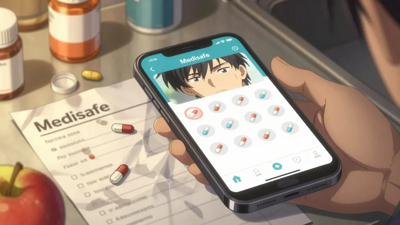 Smartphone showing a medication app beside discarded paper lists and pill bottles on a kitchen counter.