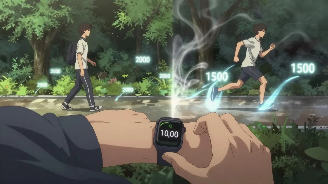 Smartwatch showing 10,000 steps with surreal split scene of slow walking versus jogging, glowing steps and heat waves.