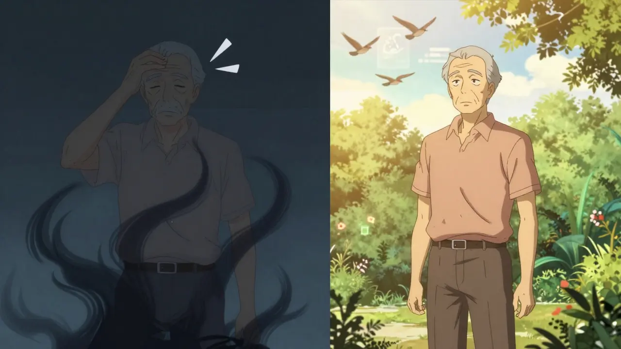 Split image: senior on risky SSRI with dark shadows vs. same person on safe antidepressant with golden light in garden.