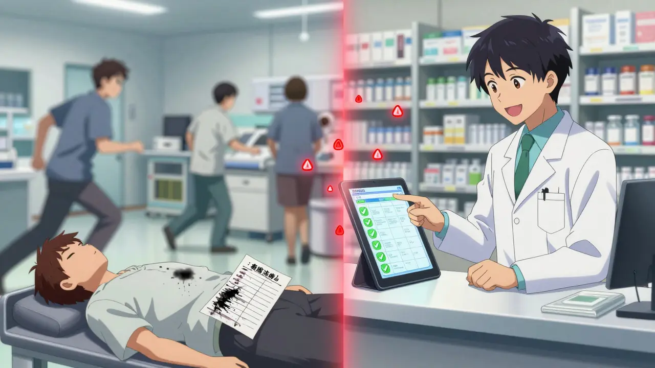 Split scene: chaotic ER vs. calm pharmacy with digital medication review.