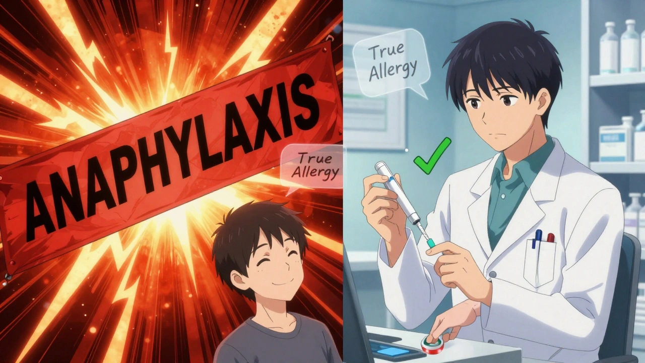 Split scene: chaotic red allergy alert vs calm doctor performing skin test with green checkmark.