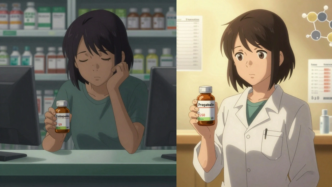 Split scene of a patient holding cheap gabapentin vs expensive pregabalin in contrasting lighting.