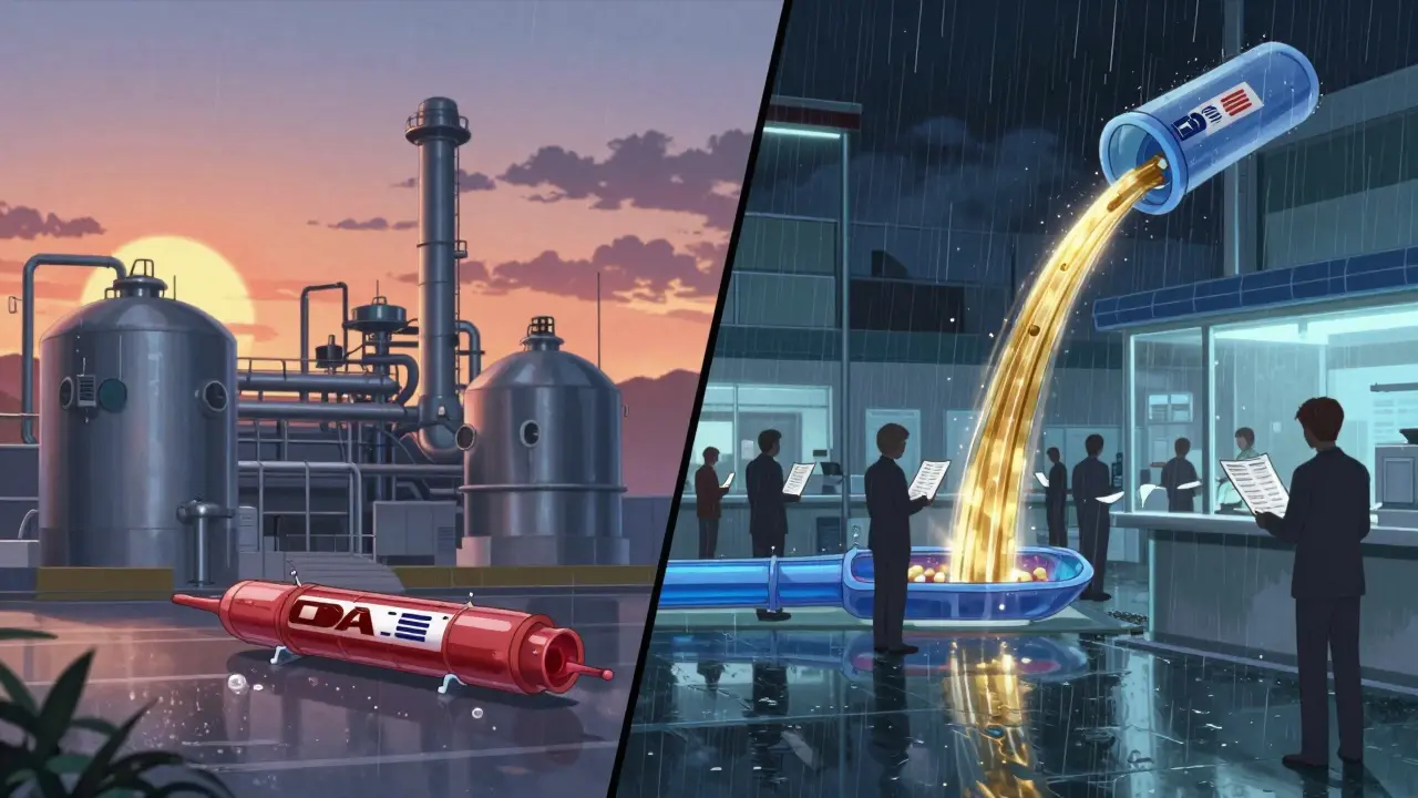 Split-screen of brand and generic drug factories with matching molecular streams in rotoanime style.