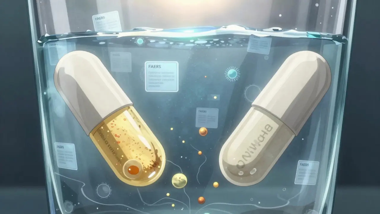 Two dissolving pills in water show different pathways into blood vessels, surrounded by health data icons.