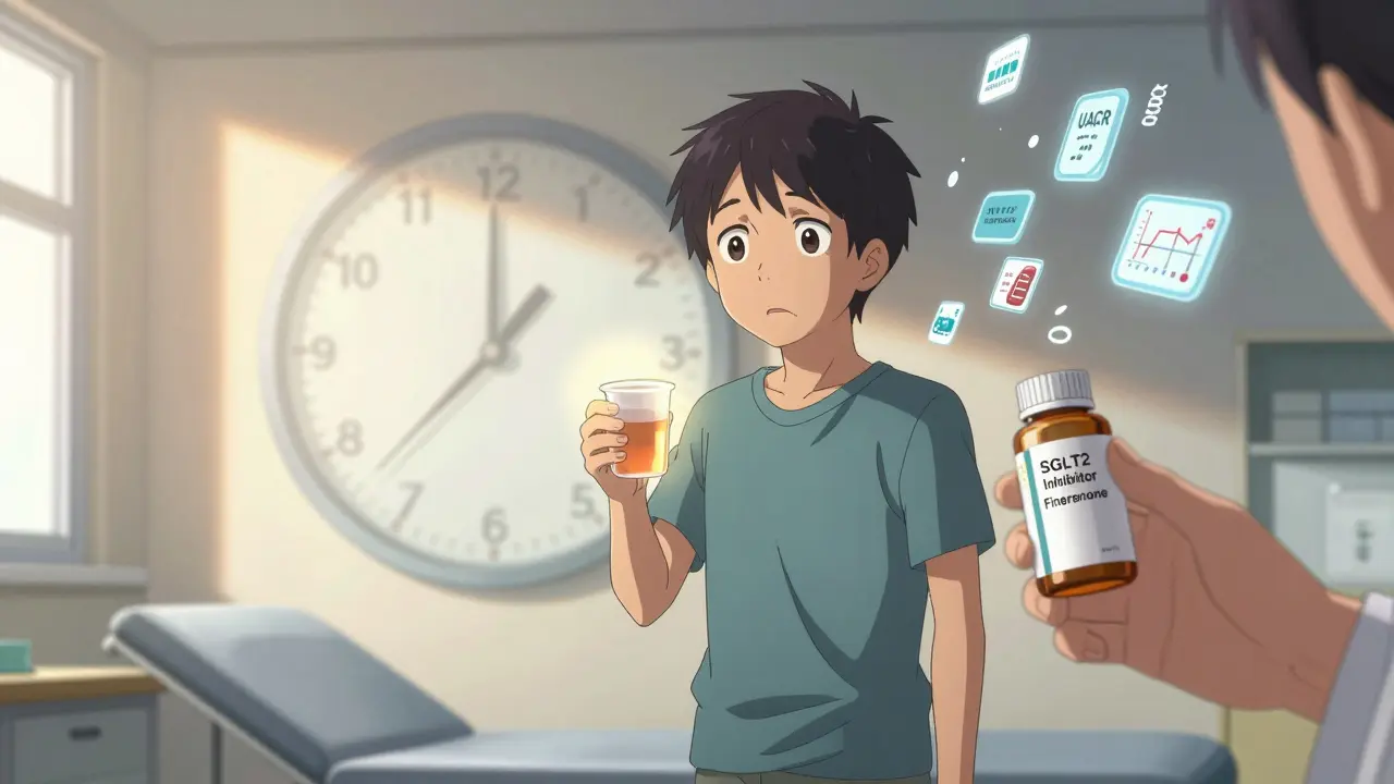 A diabetic patient in a clinic holding a glowing urine sample, with medical treatments floating behind them.