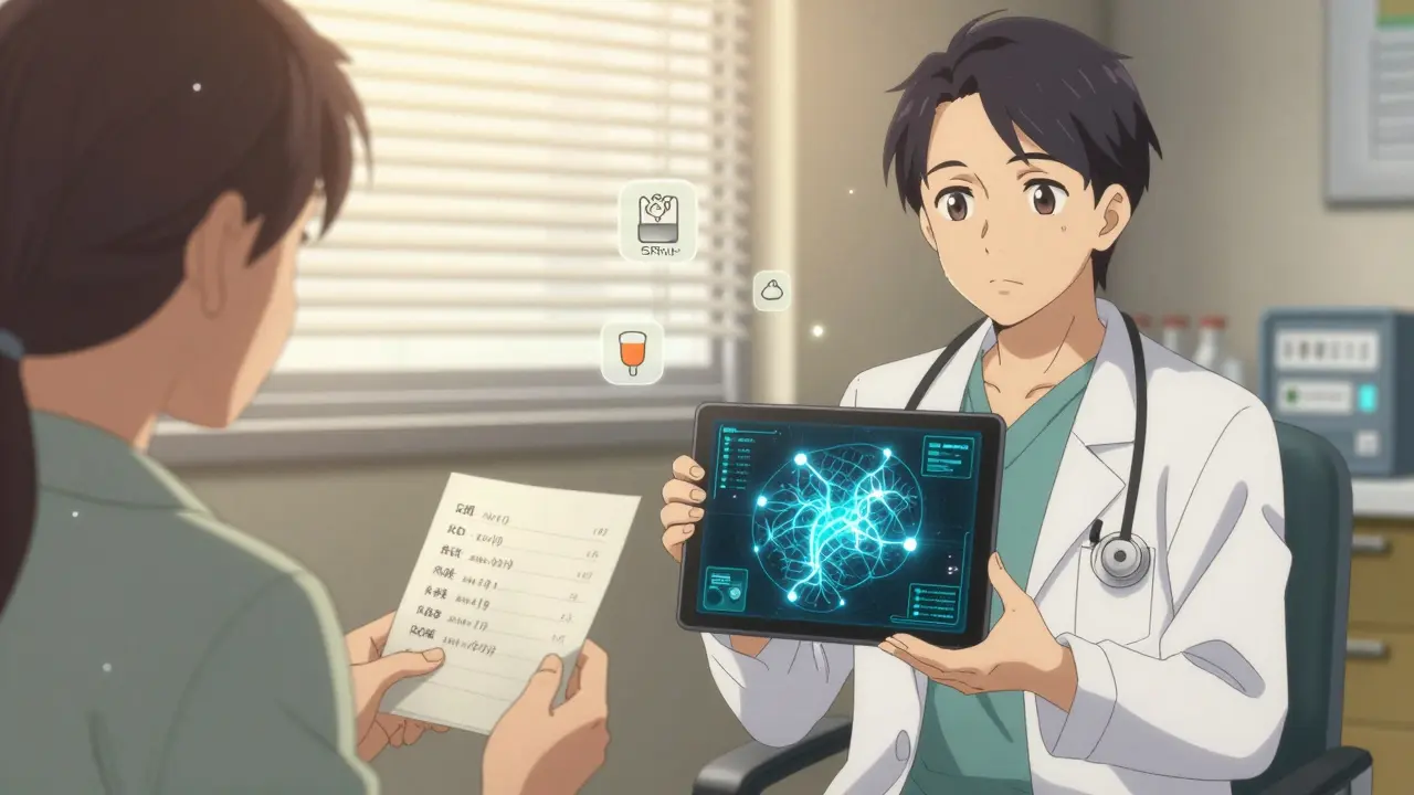 A doctor and patient review a neural diagram and handwritten medication details in soft golden light, symbolizing careful treatment management.