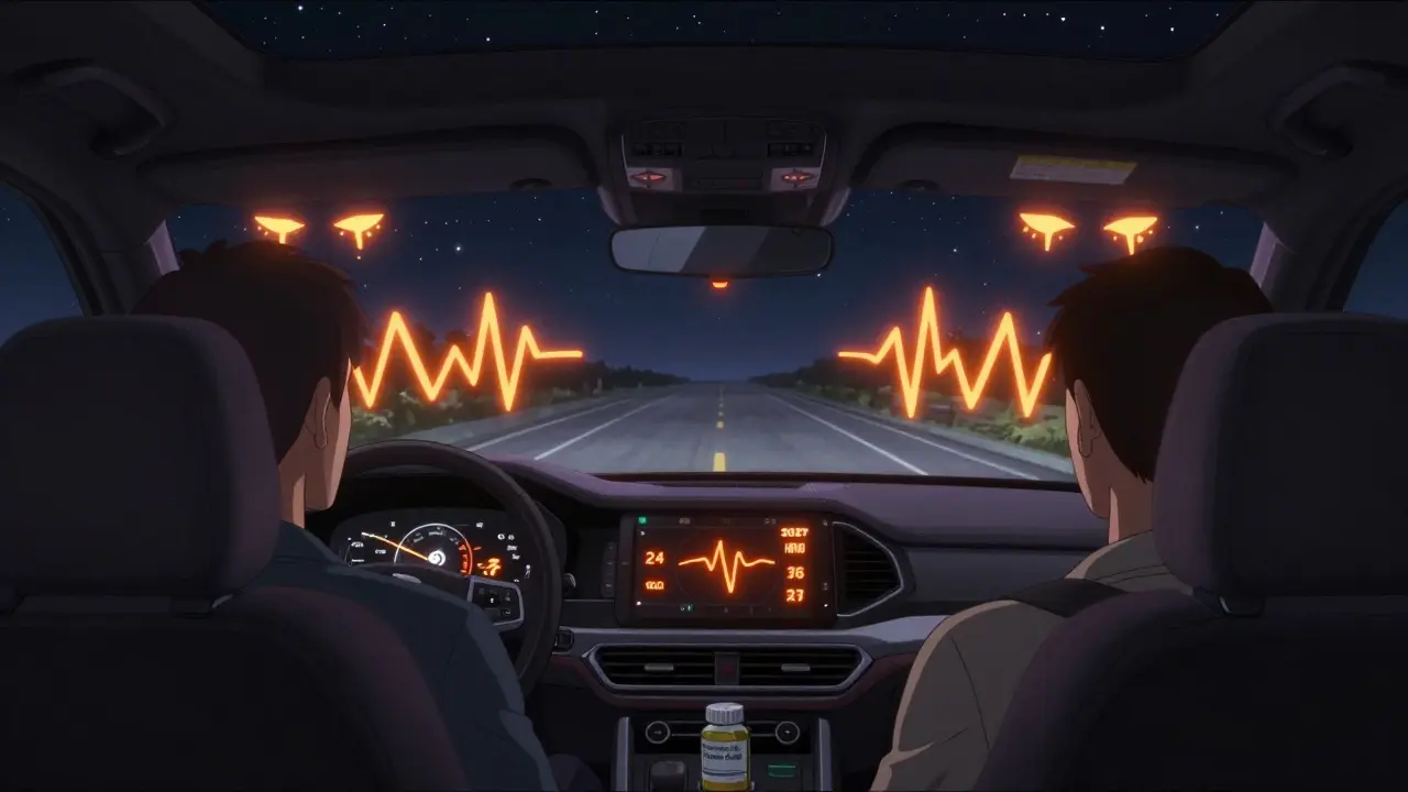 A futuristic car detects driver impairment with glowing warnings on the windshield, pill bottle on passenger seat.