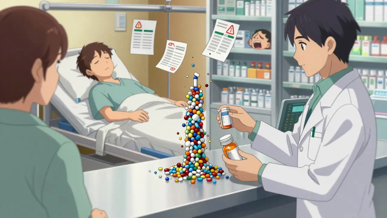A pharmacist hands a generic pill bottle that transforms into crumbling drug beads, with two contrasting patient outcomes visible in the background.
