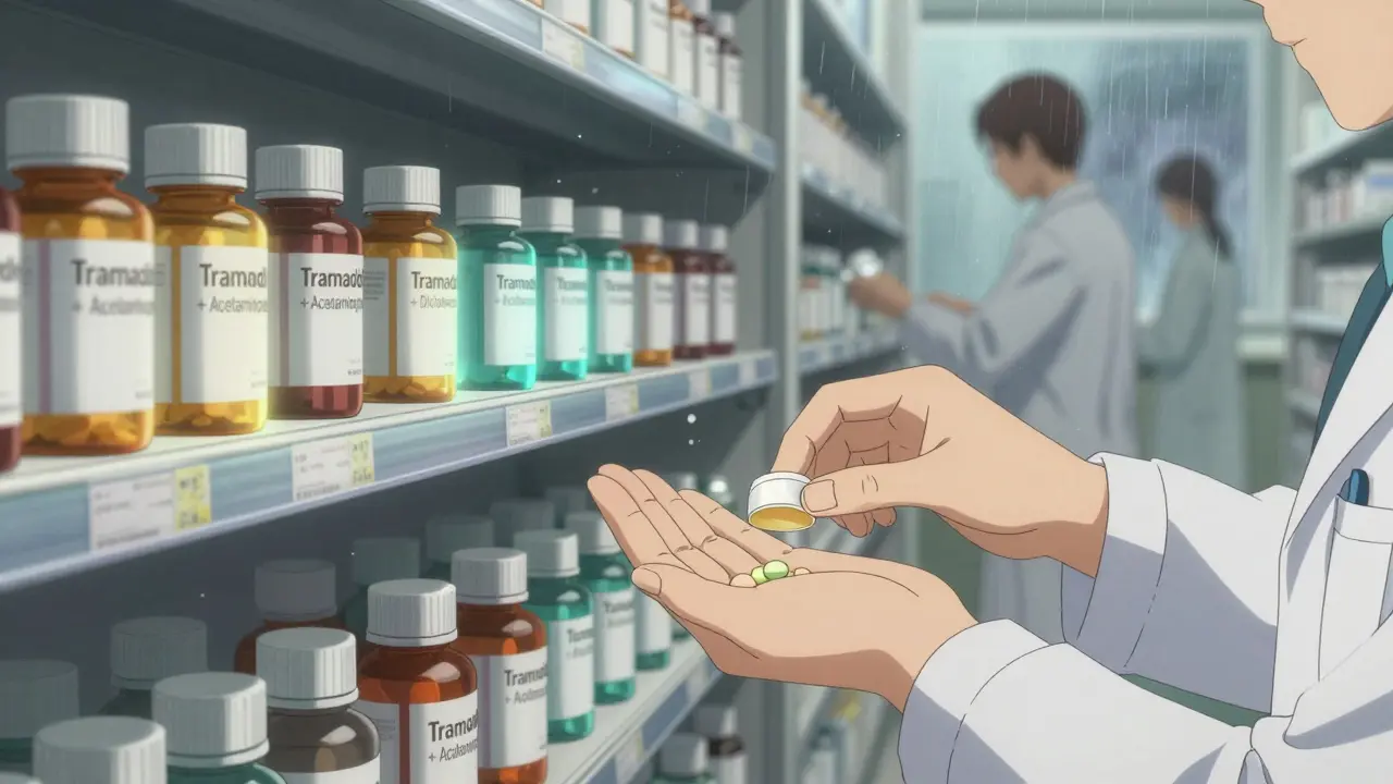 A pharmacy shelf filled with generic pain combination pills, glowing softly under hospital lighting.