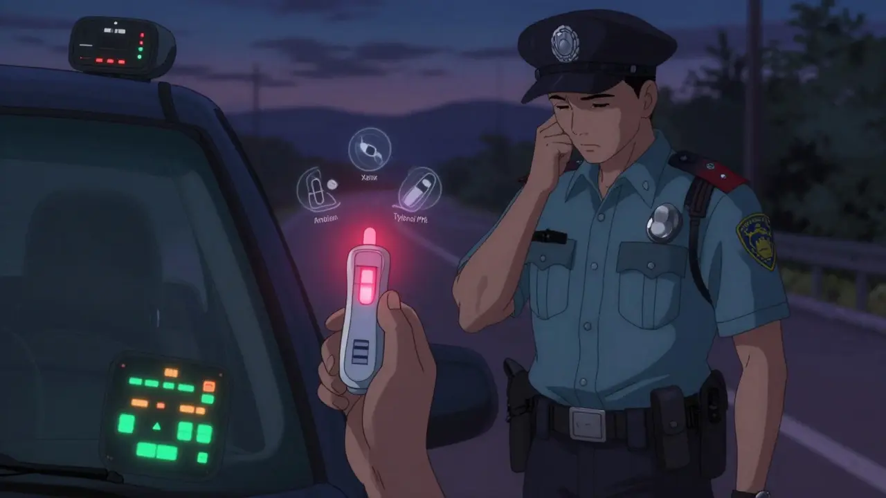 A police officer using a saliva test on an impaired driver under twilight, biometric warnings glowing in the car.