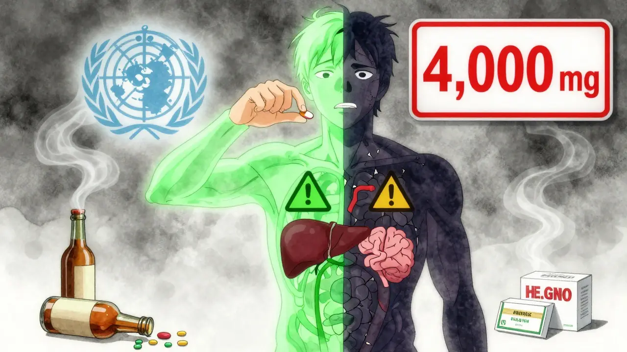 A split-body figure showing health versus risk from pain medication, with warning symbols and a dosage limit above.