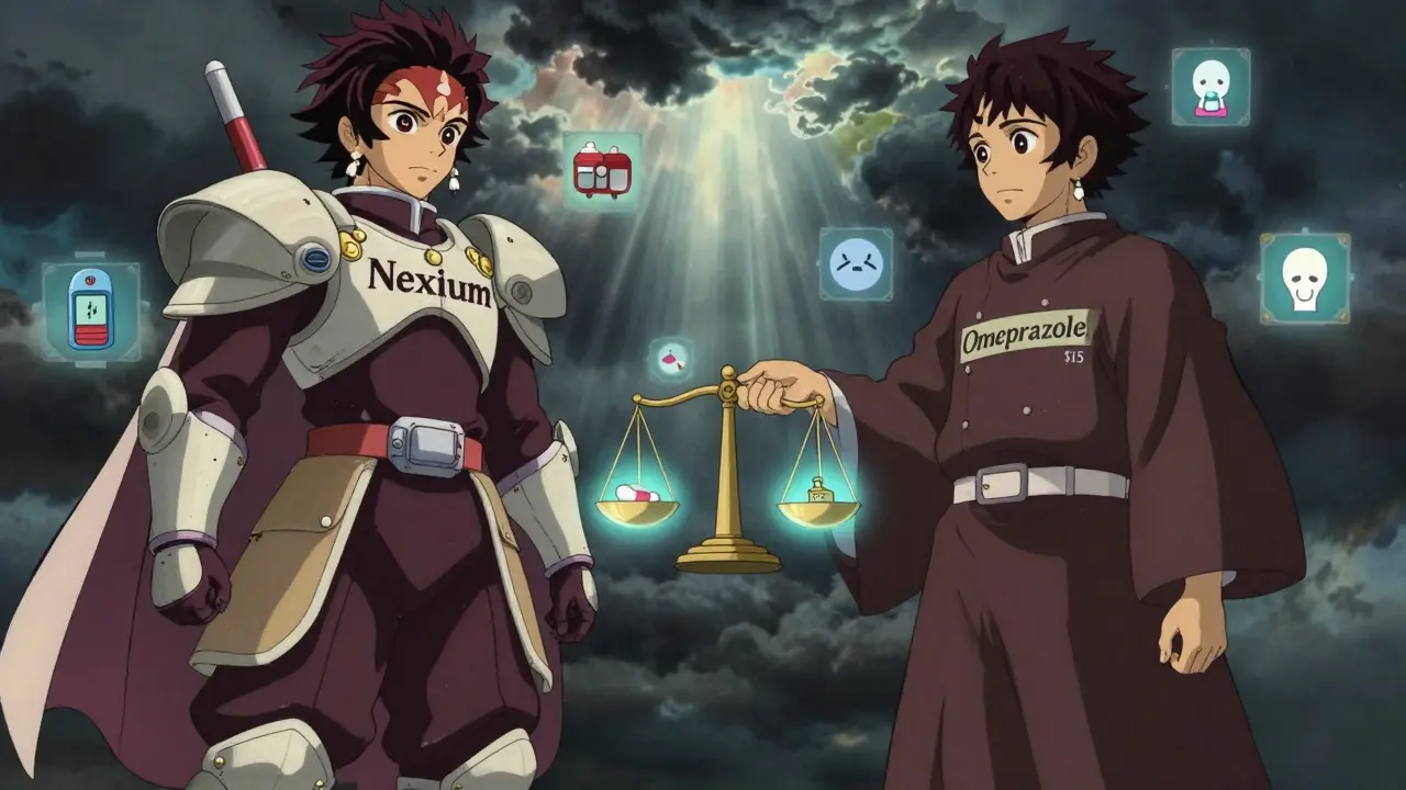 A symbolic battle between branded and generic drug figures with a balanced scale above a patient.