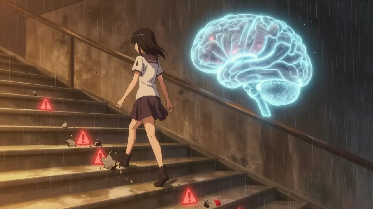 A woman walking up stairs as warning symbols dissolve behind her, with a brain showing reduced fear and increased clarity.