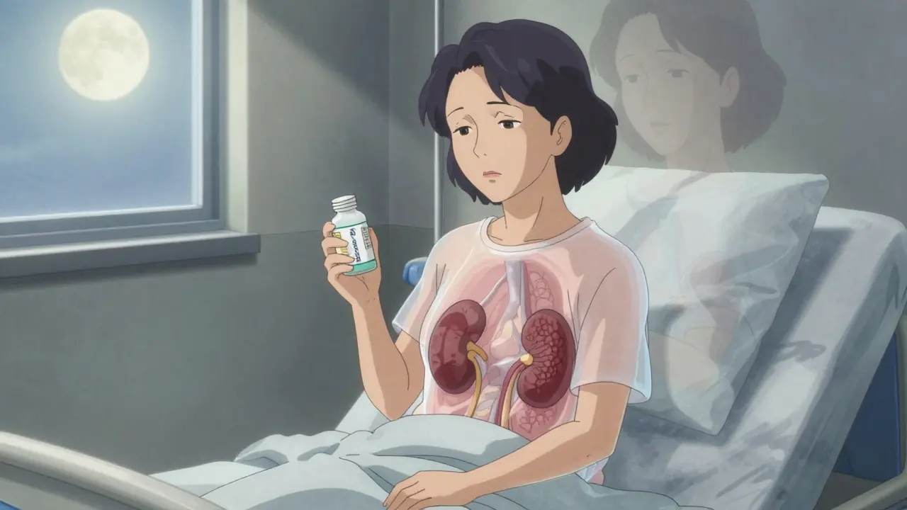 A woman with translucent damaged kidneys, holding a pill bottle under moonlight.
