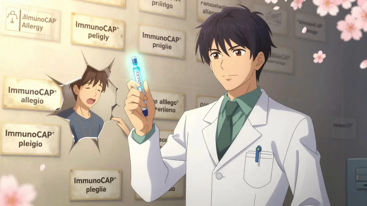 Allergist holding glowing penicillin test vial as old allergy labels dissolve into light.