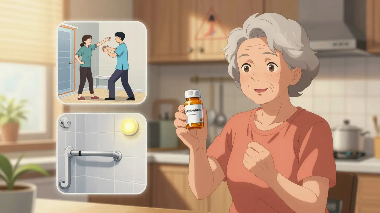 An older woman takes her medication while visual cues show home safety improvements and balance training around her.