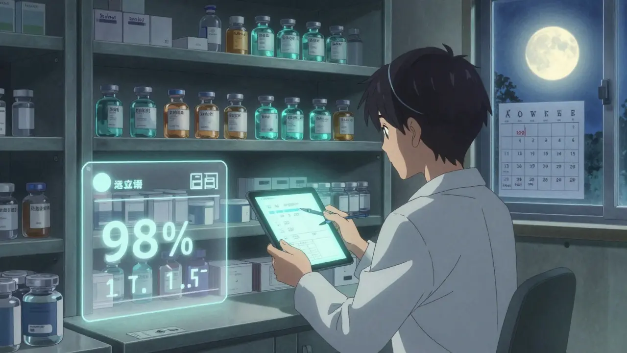 Clinic provider scanning expiration dates of short-dated injectables at night, glowing tablet and moonlit inventory room.