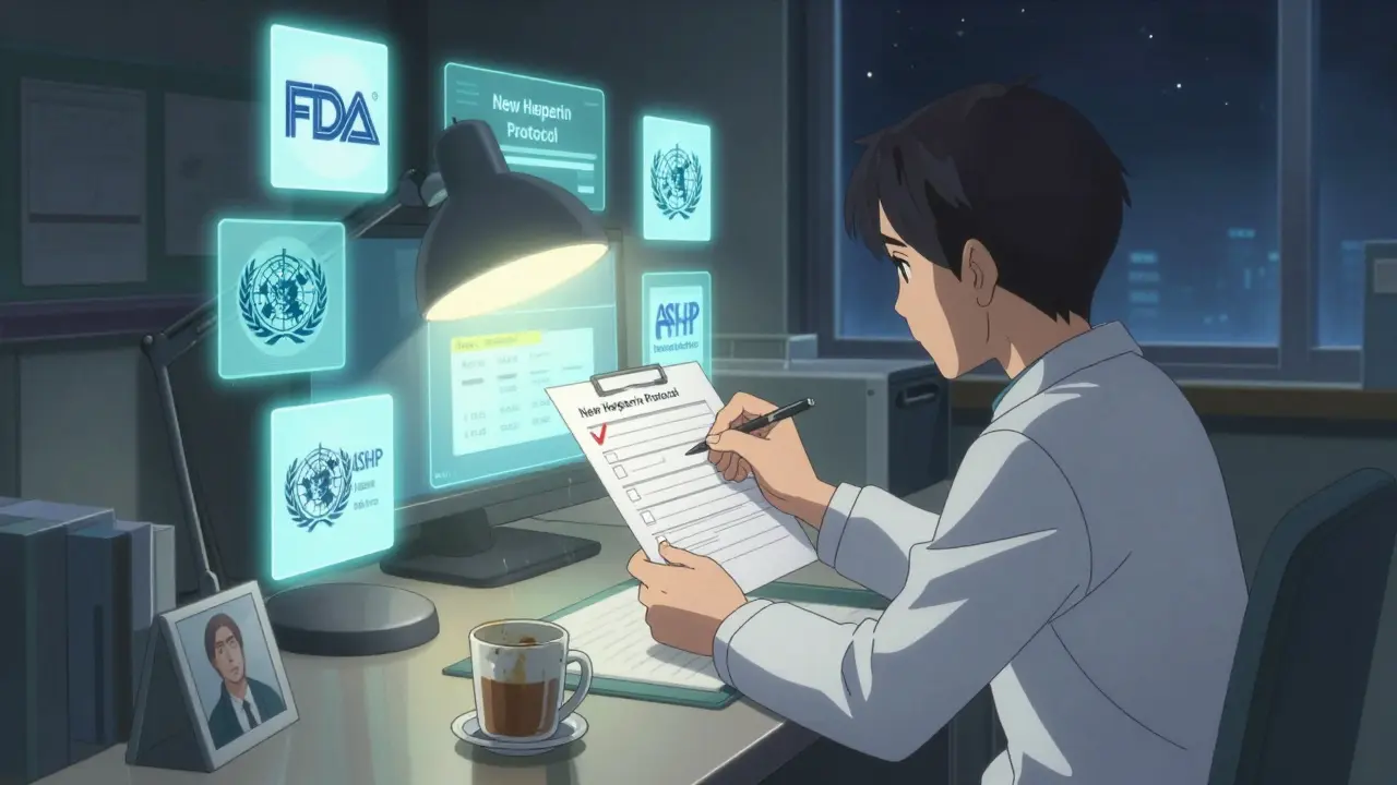 Clinician at night reviewing safety alerts from multiple organizations, marking a checklist under a desk lamp.