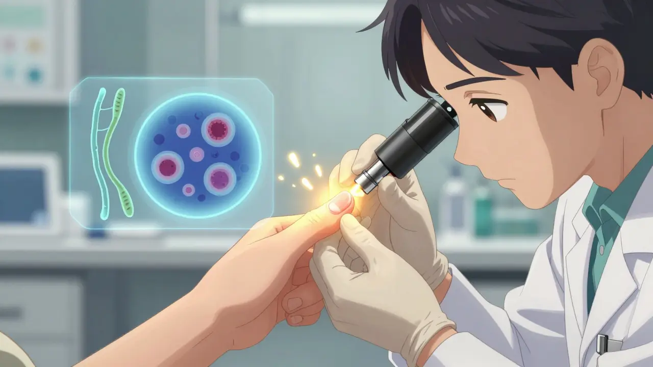 Dermatologist examining a nail under magnifying lens with floating medical graphics showing fungus vs autoimmune causes.