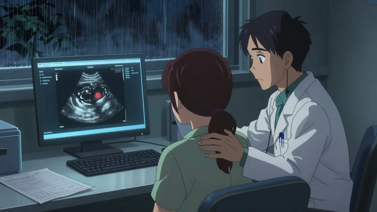 Doctor and patient in consultation room, EUS ultrasound of pancreatic tumor visible on screen.