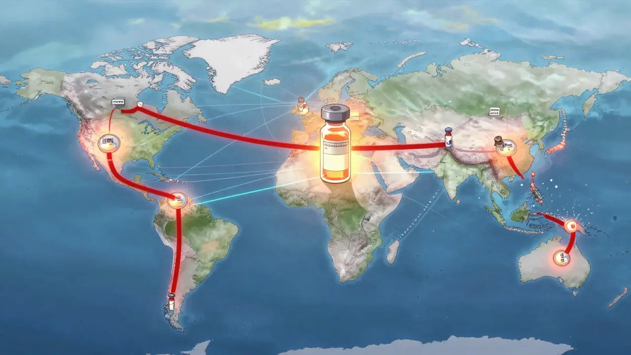 Global supply chains showing thriving contract manufacturing vs. fading commodity generics, with a glowing biosimilar at center.