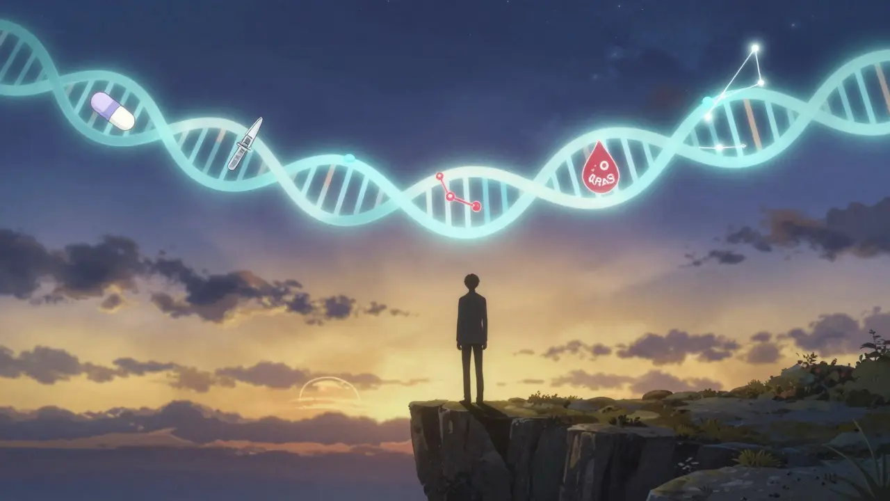 Glowing DNA helix transforms into treatment icons above patient silhouette at dawn.
