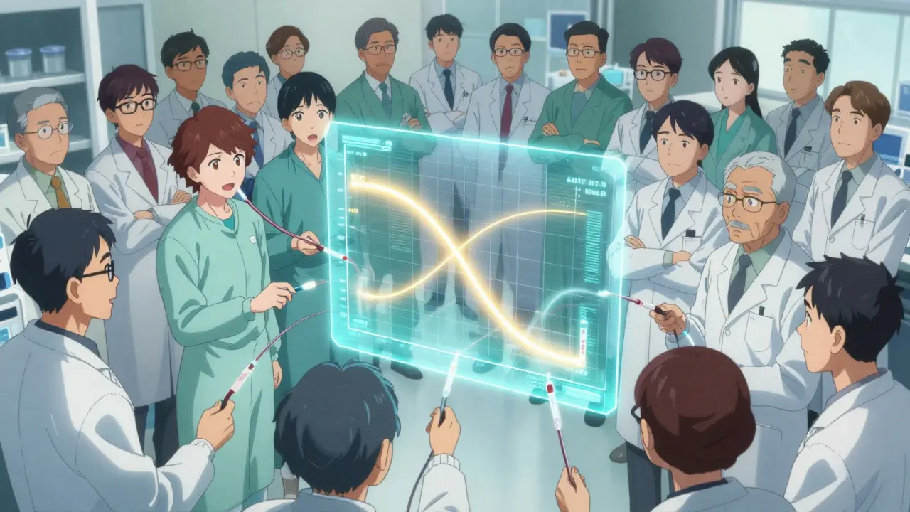 Healthy volunteers in a lab with holographic bioequivalence data visualization.