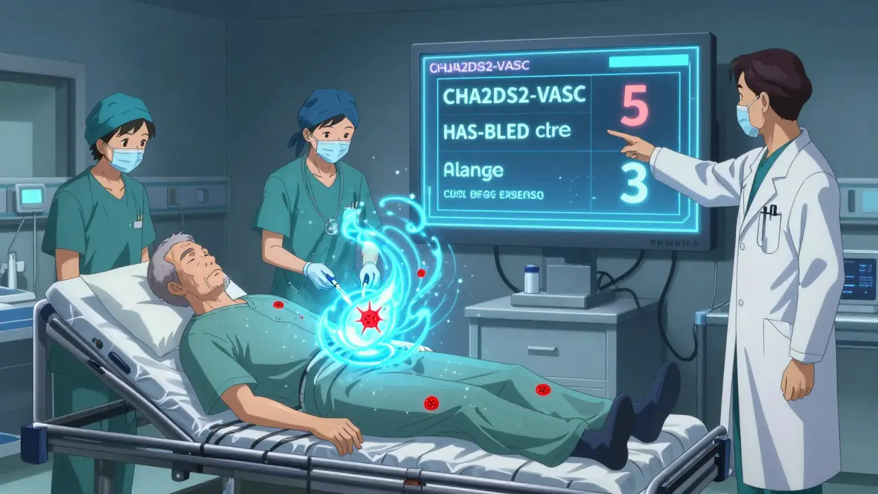 Hospital scene with reversal agent glowing in elderly patient's bloodstream, medical team monitoring scores.