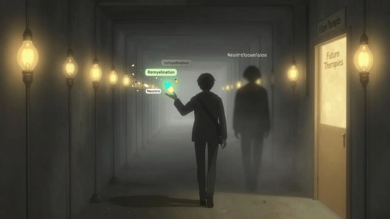 Person walking down hallway as lightbulb axons shatter, reaching for glowing neuroprotection capsules.